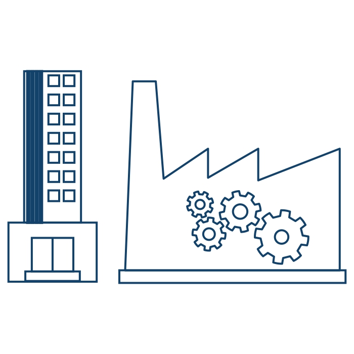 Linha arte de um edifício industrial alto com ícones de engrenagem.