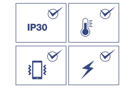 Four icons, each representing different features or protections, Device with Vibration Lines: indicates vibration or shock resistance, Thermometer: Signifies temperature resistance. Lightning Bolt: Represents electrical resistance or protection against electrical surges and Text IP30: Indicates a specific level of ingress protection (IP) rating against dust and water