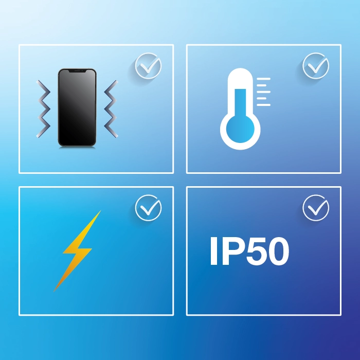 icônes de téléphone, température, foudre et IP50.