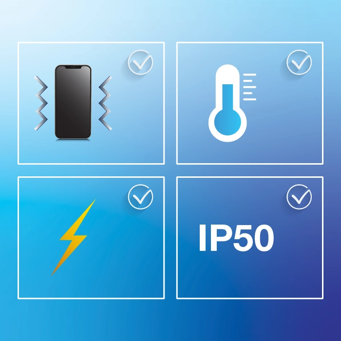 The image displays icons representing vibration, temperature, and electrical resistance, and ingress protection with checkmarks indicating approval. The background is a blue gradient.