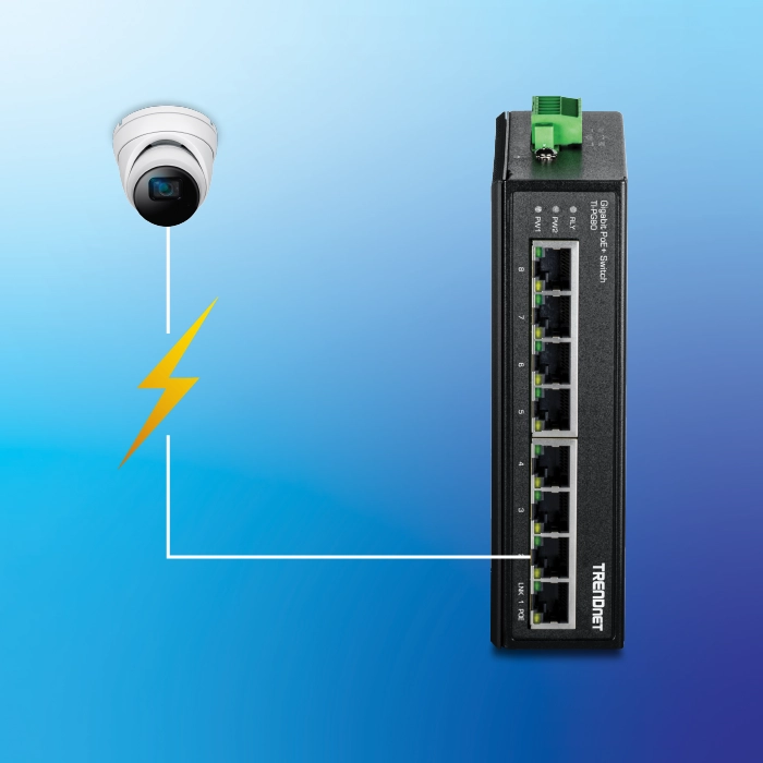 A black industrial Fast Ethernet PoE+ switch with five Ethernet ports and a green terminal block on top, labeled TRENDnet. A white security camera connected to an Ethernet port via a white line with a yellow lightning bolt, indicating PoE+ functionality.