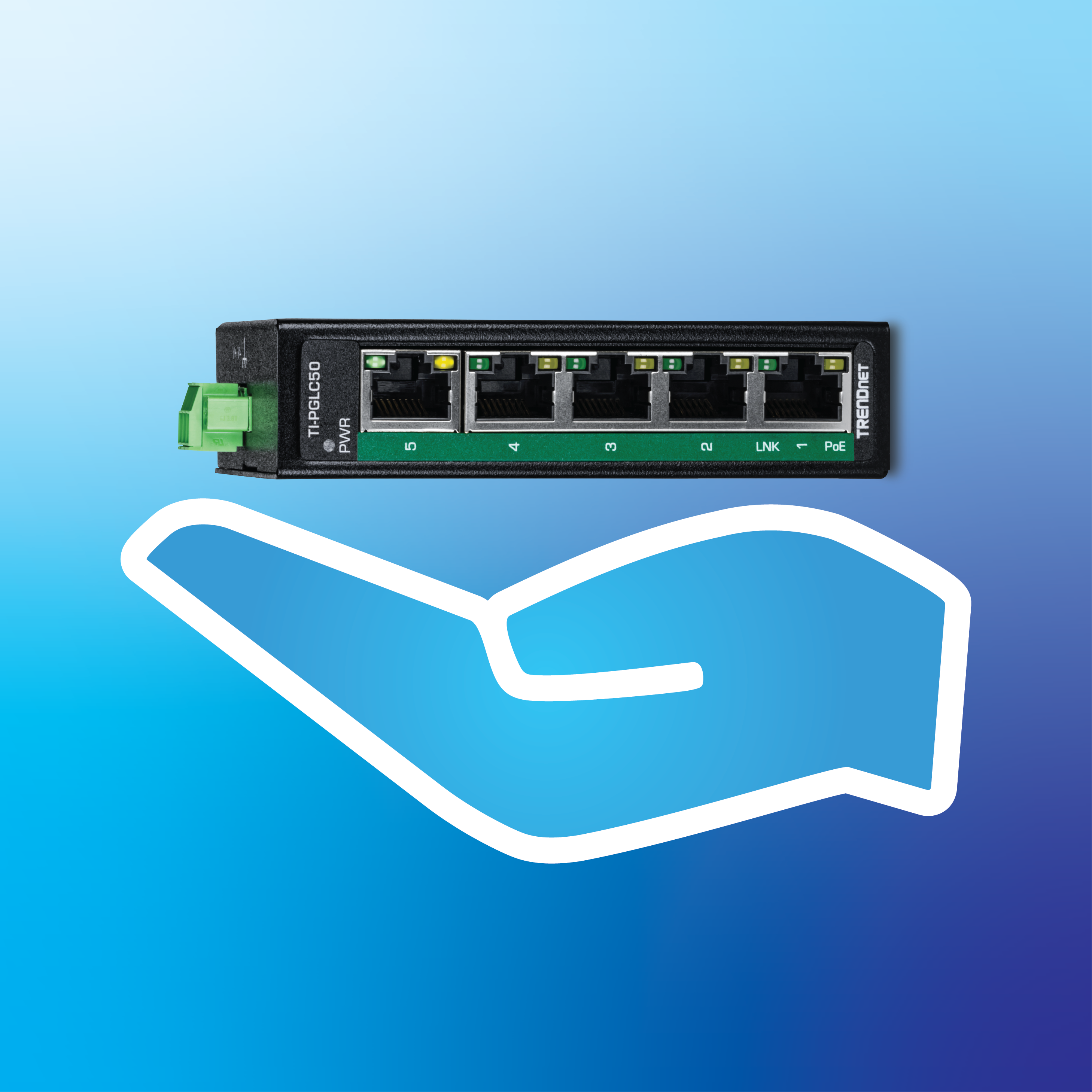 A hand with 5-port Ethernet switch above it emphasizing the small size.