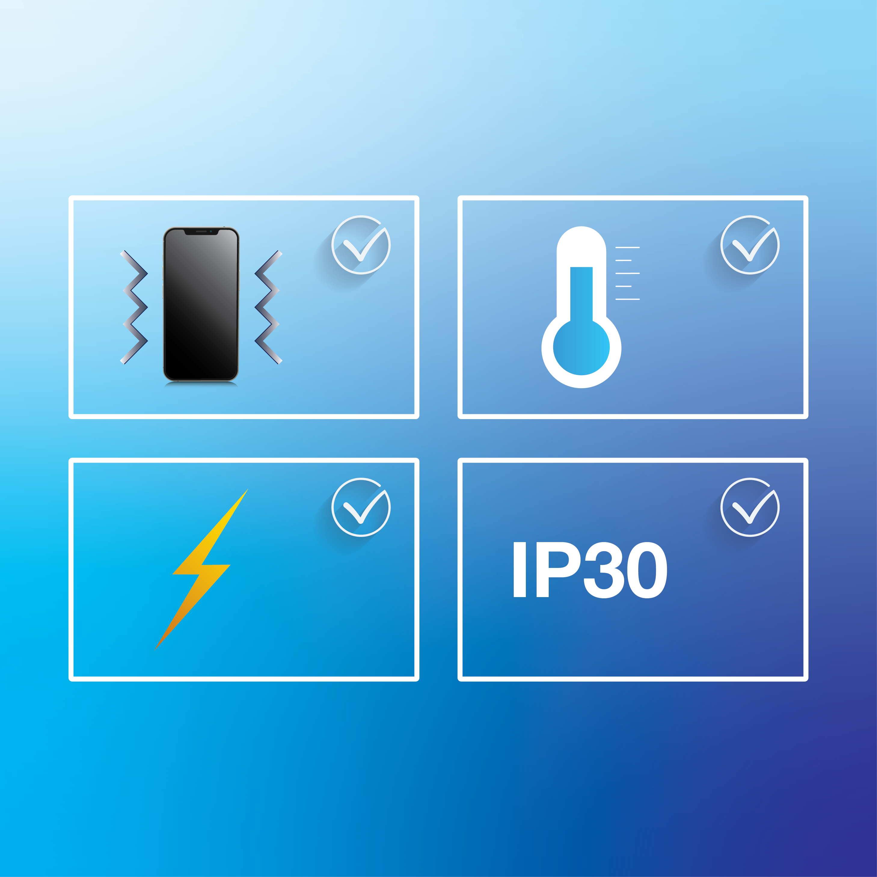 four icons, each representing different features or protections, Vibration Lines: This indicates vibration or shock resistance, Thermometer: Signifies temperature resistance. Lightning Bolt: Represents electrical resistance or protection against electrical surges and Text IP30: Indicates a specific level of ingress protection (IP) rating against dust and water.