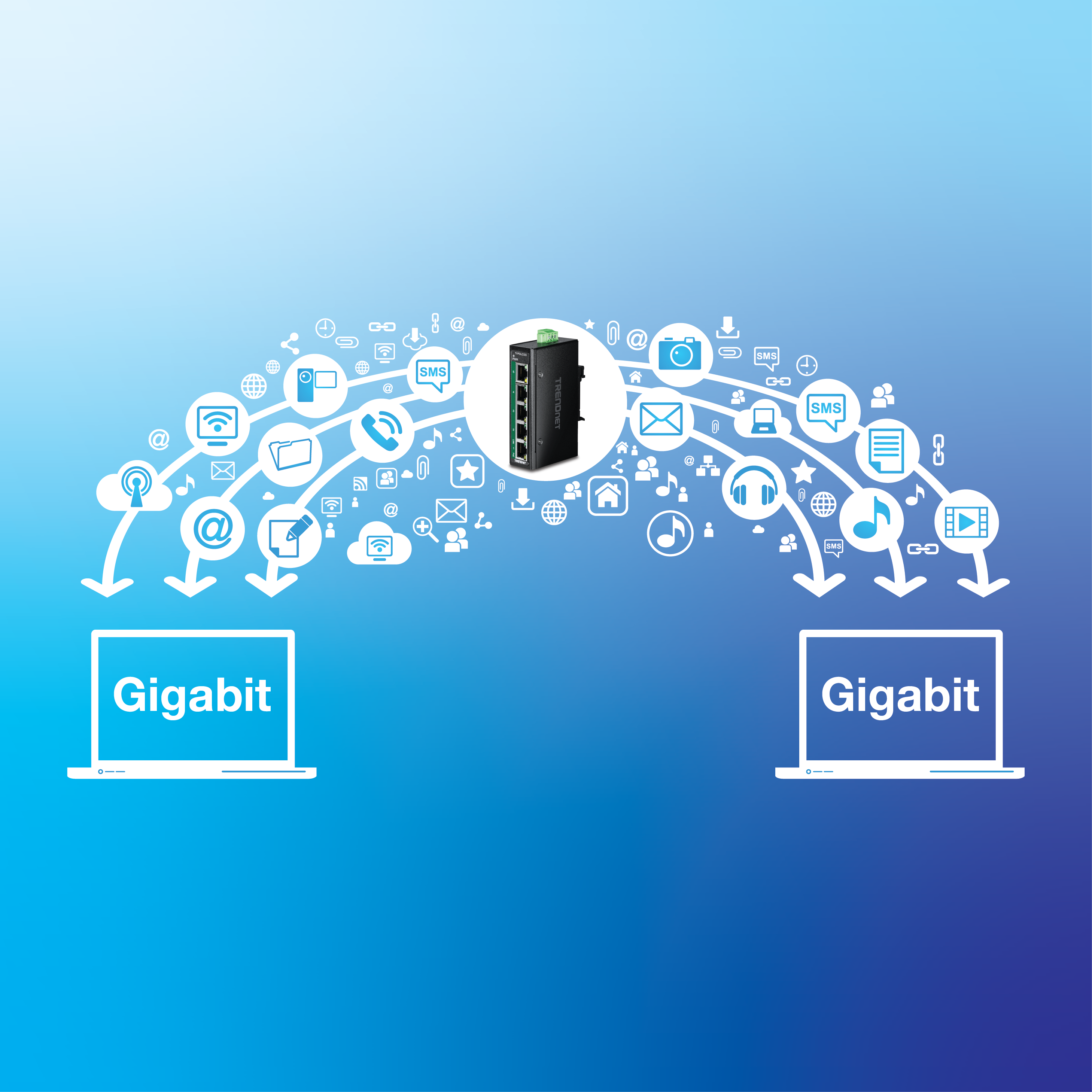 Network device facilitating fast data transfer between two laptops, with icons representing various data types like email, music, and video.