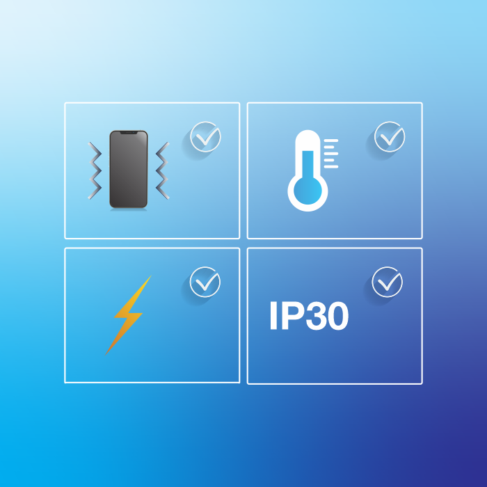 four icons, each representing different features or protections, Smartphone with Vibration Lines: This indicates vibration or shock resistance, Thermometer: Signifies temperature resistance. Lightning Bolt: Represents electrical resistance or protection against electrical surges and Text “IP30”: Indicates a specific level of ingress protection (IP) rating against dust and water.