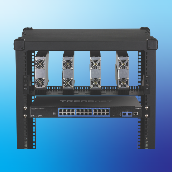 TI-RG262i 26-Port Industrial Gigabit L2 Managed Rackmount Switch with four TI-RSP100048 Power Supply installed in a rackmount housing