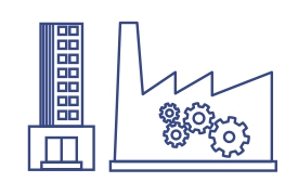 Line art of a tall industrial building with gear icons. Showing industrial application