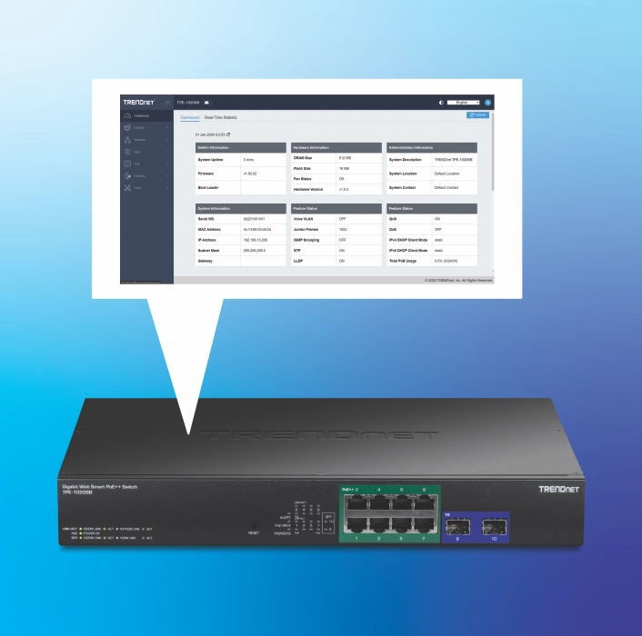 An illustration of a network switch with 10 ports, displaying a graphical user interface in a speech bubble.