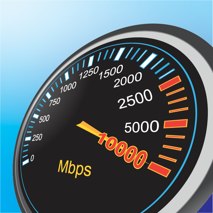 Um medidor de velocidade exibe as velocidades da rede em megabits por segundo (Mbps) com incrementos de 0 a 10.000 Mbps. A agulha aponta para 10.000 Mbps, destacados em vermelho e amarelo, indicando velocidade máxima.