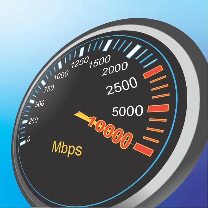 Internet speed gauge showing 10000 Mbps transfer rate.