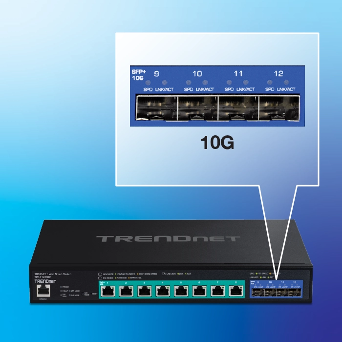 Dargestellt ist ein TRENDnet-Netzwerk-Switch mit acht Ethernet-Ports und vier SFP+ 10G-Ports. Die Ethernet-Ports sind mit 1 bis 8 und die SFP+-Ports mit 9 bis 12 gekennzeichnet, was ihre 10G-Fähigkeit hervorhebt. Der Schalter ist schwarz mit blauem Hintergrund und dem TRENDnet-Logo auf der Oberseite. Eine Nahaufnahme unterstreicht die Hochgeschwindigkeits-Konnektivitätsoptionen, die auf dem Switch verfügbar sind.