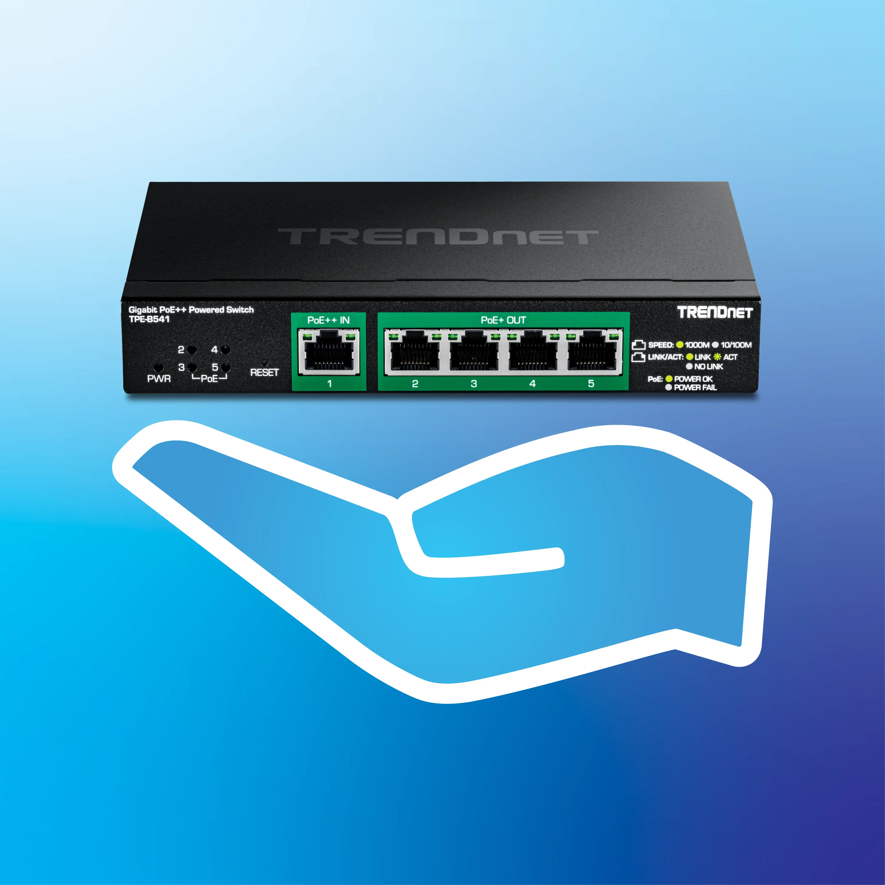 Un commutateur alimenté TRENDnet Gigabit PoE++ noir modèle TPE-BS41 est placé sur un fond dégradé bleu. Le commutateur dispose de cinq ports Ethernet étiquetés PoE++ IN et PoE++ OUT, numérotés de 1 à 5. Il dispose de voyants lumineux pour l’alimentation et l’état PoE, ainsi que d’un bouton de réinitialisation. L’interrupteur est positionné au-dessus d’une icône de main blanche stylisée, soulignant sa taille compacte.