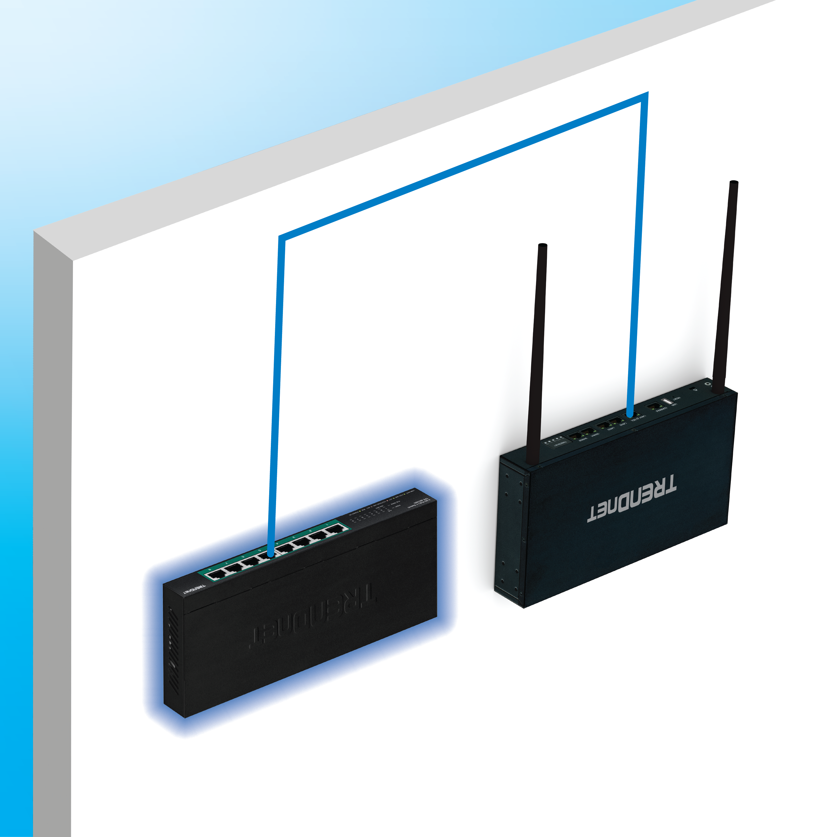 Das Diagramm zeigt einen WLAN-Router und einen kabelgebundenen Schalter, der an eine Wand angeschlossen ist.