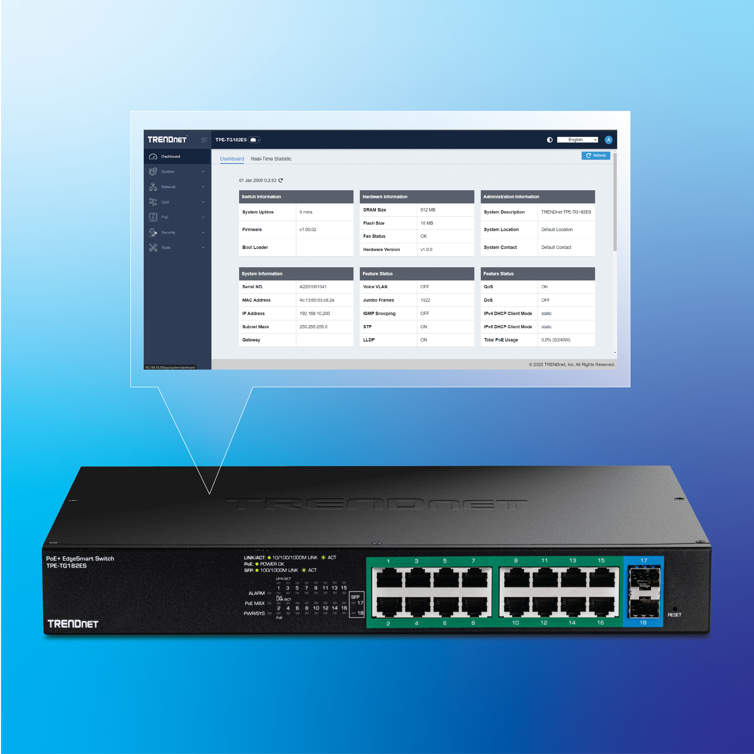 18-Port Network Switch, showing an image of a dashboard for managing features.