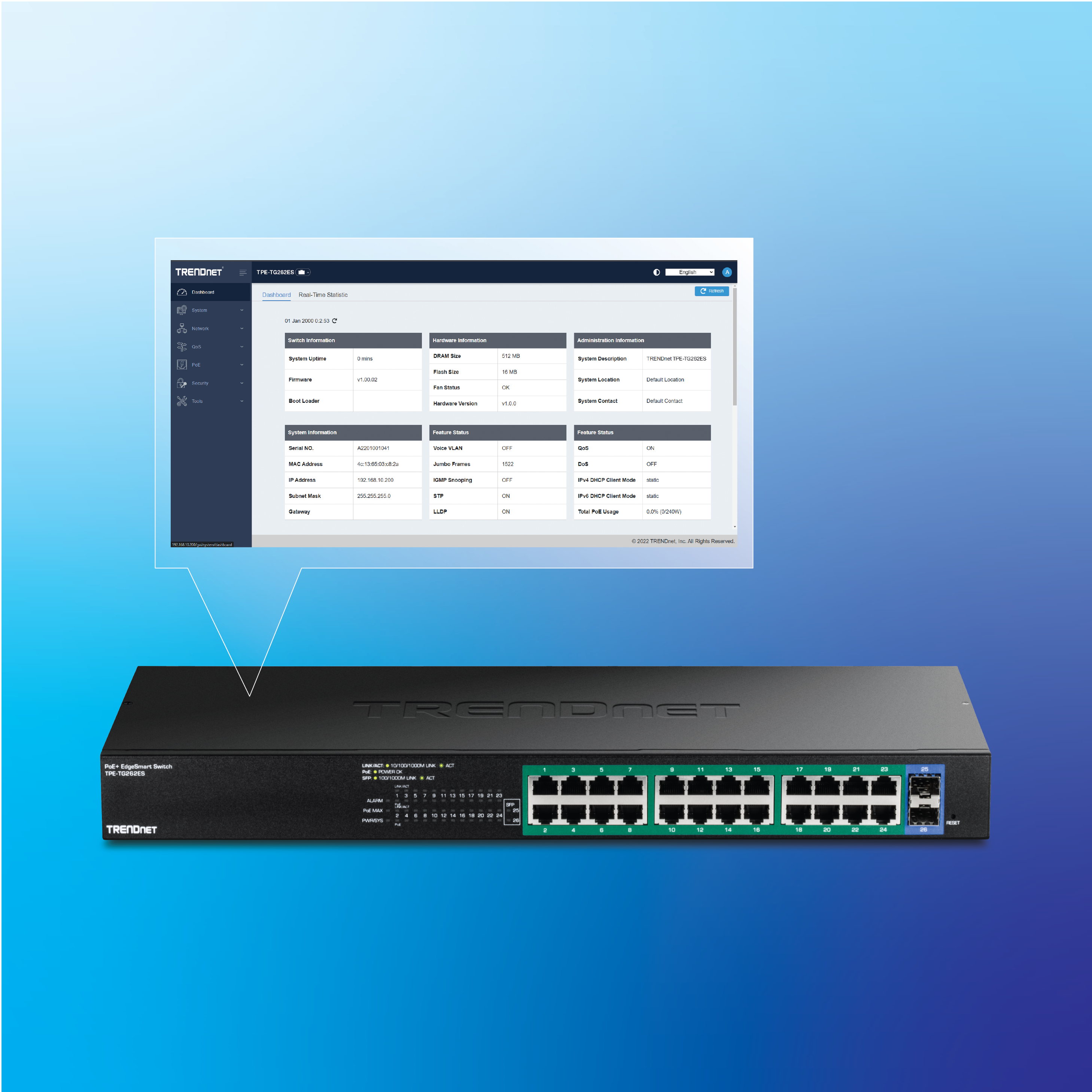 26-Port Network Switch, showing an image of a dashboard for managing features.