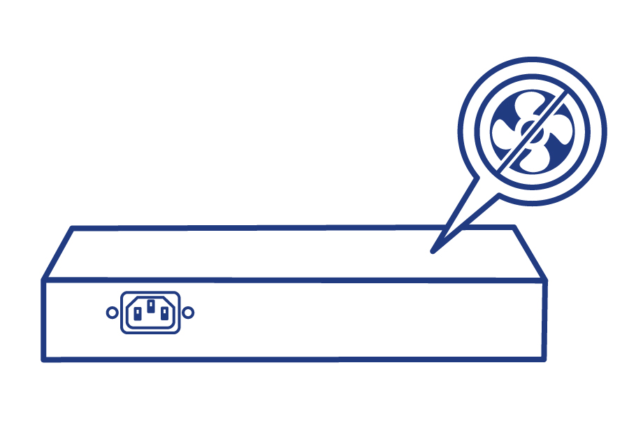 Line art of a Network Switch with a no-fan icon.