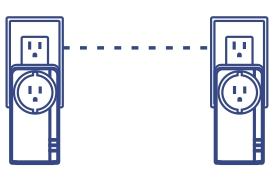 Network diagram of two Powerline adapters connected to a power outlet with a dashed line showing connectivity.