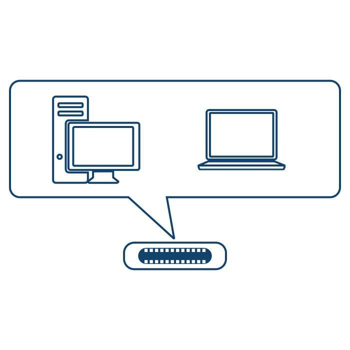 Strichzeichnung eines USB-C-Steckverbinders mit einem Laptop und einem Desktop, die die Kompatibilität zeigt.