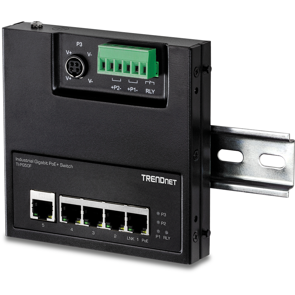 5-Port Industrial Network Switch, Gigabit, Unmanaged, DIN or Wall Mount